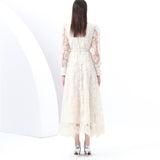 Fongt New High-End Heavy Industry Mesh Splicing Embroidery To Collect Thin French Elegant Lantern Sleeve Dress