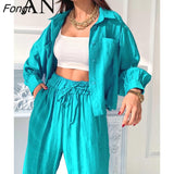 Spring and Summer New Women's Single-breasted Shirt Waist Loose Wide Leg Pants Two-piece Set New In Matching