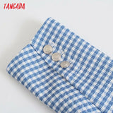 Women Blue Plaid Print Blazer Coat Vintage Double Breasted Long Sleeve Female Outerwear Chic Tops