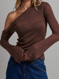 Knitted Long Flare Sleeve Solid Slim Fit T-shirts Top for Women Off Shoulder Casual Basic Tees Shirts Streetwear 2023-Outfit
