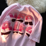 Street Kawaii Pink Flock Embroidery T Shirts Women Girls Summer Cotton O-neck Tops Large Size 2XL Harajuku Hip Hop