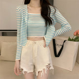 Fongt Summer New Fashion Temperament Sexy Knitted Striped High-Waisted Sling + Long-Sleeved Open-Shirt Two