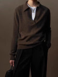 Fongt And Winter Gray Bottom V-Neck Small Collar Wool Sweater Women Loose High-End Knitted Shirt With Long Sleeve Top