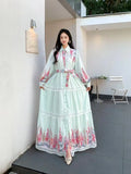 Fongt And Autumn New Women's Collar Bubble Sleeve Lantern Long-Sleeved Lantern With Belt Positioning Print Single Buckle Dress