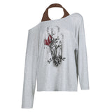 Fongt Greek Print Fake Two Collar Bump Color Loose Long-Sleeved T-Shirt Sexy Side-Shoulder Hop Casual Blouse