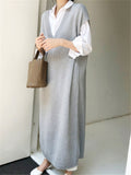 New 2022 V-Neck Knitted Elegant Oversized Sleeveless Korean Solid Lady Autumn Winter Women Dress Long Dresses