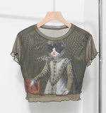 Front Double-Layer Mesh Hot Wood Ear Print Short-Cut Umbilly T-Shirt