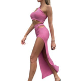 Women Sexy Two-piece Clothes Skirt Sets Summer Solid Color One-shoulder Vest and Slit Skirt Women's Suits Club