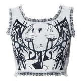 Dark Emo Printed Mall Gothic Lace Trim Tank Tops Grunge Punk Aesthetic White Bodycon Cropped Tops Harajuku Cute Alt