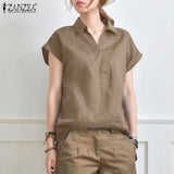 Summer Elegant Lapel Neck Solid Blouse Women Short Sleeve Solid Cotton Tops Casual Loose Blusas OL Work Shirt Oversize 1028-0-Outfit