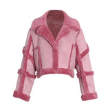 Fongt Integrated Thick Coat Female 2024 New Lapel Solid Color Stitching Lamb Wool Short Jacket Female-Outfit