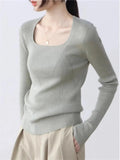 Autumn Long Sleeve Knitted Sweater Pullovers Girls Square Collar Tops Jumpers Women Base Jumper Slim Knitwear-Outfit