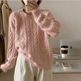 Version Qiu Dong New Round Collar Twist Pink Knit Sweater Loose Lazy Wind Sweet Autumn Female Jacket Female-Outfit