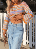 Rainbow Stripe Crochet Knit Sweater-Outfit