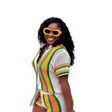 Fongt Women's Hollow Collar Collar Top High-Waisted Shorts Knitted Two Sets 2025 Striped Elements Spring