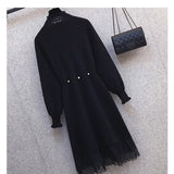 Patchwork Knitted Sweater Dresses For Women Office Ladies High Waist Fake Two Pieces Pullover Dresses