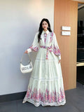Fongt And Autumn New Women's Collar Bubble Sleeve Lantern Long-Sleeved Lantern With Belt Positioning Print Single Buckle Dress