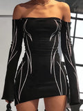 Off Shoulder Black Long Sleeve Mini Dress-Outfit