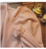 Autumn And Winter New Large Version Of Korean V-Collar Solid Color Lazy Breeze Loose Sweater Blouse-Outfit
