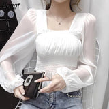 Square-neck Blouse Women New Design Puff Sleeve Chiffon Shirt Thin Tops
