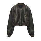 Temperament Leisure Spring New Style Retro Standing Collar Locomotive PU Imitation Leather Pilot Jacket Jacket-Outfit