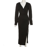 V Neck Long Sleeve Midi Dresses High Split Autumn 2021 Vintage Chic Party Wear Elegant Female White Aesthetic