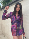 Tie Dye Shirt Dress Long Sleeve Ruched Turn Down Collar Buttons up Mini Bodycon Dresses for Women 2021 Casual