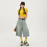 Summer Y2k Retro Women Low Waisted Wash Cropped Baggy Jeans Wide Leg Frayed Denim Short Pants Korean Fashion Pants-Outfit