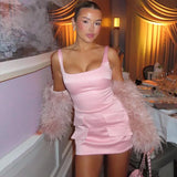Satin Square Neck Mock Pocket Mini Dress-Outfit