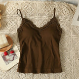 Fashion Korean Version Women's Crop Top Solid Color Lace Stitching V Neck With Chest Pad Sleeveless Tank Tops-Outfit