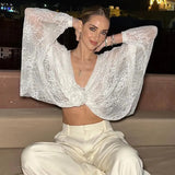 White Lace Mesh 3d Flower V-neck Long Sleeve Crop Top-Outfit