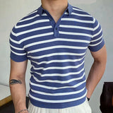 Fongt Men's Summer New Overturned Knits Blue Striped Business Polo Shirts Men's