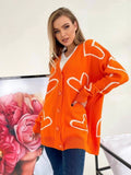 Women's Knitting Print Sweater Color Heart Single-Breasted Button Loose Casual Knitted Cardigan Sweaters Autumn V-neck