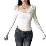 2024 Autumn New Women's Clothing Shoulder-Slanted Collar Hollow Perspective Folding Body To Close The Waist On The