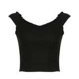 Solid Black Folds V Neck Cropped Top Women Casual Backless Skinny Knitted T Shirts Streetwear Y2k Summer Tees Vintage Top-Outfit