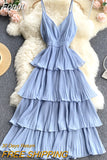 Women Beach Midi Dress 2023 New Summer Sexy V-neck Pleat Layer Ruffled Beach Dresses Ladies Elegant A Line Long Robe