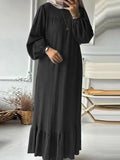 Fongt Muslim Women's Robes Spring And Autumn New Fashion Bubble Sleeves Retro Pocket Hem Side Dress