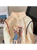 Women Contrast Color Loose Cartoon Print Shirts Korean Y2k Harajuku Long Sleeve Turn-Down Blouse Femme Tops