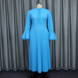 Fongt Elegant Round Collar Horn Long-Sleeved Dress Party Hundred Folds Dress Dress Dress