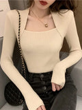 Women Sexy Slim Pullover Sweater Korean Square Collar Knit Tops Long Sleeve Knitwear Jumper Casual Jersey Malhas Poleras