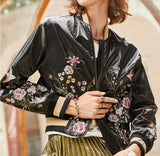 2020 new embroidered thread printed zipper long sleeve Pu fabric short black coat