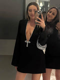 V-Neck Sparkle Glitter Black Bodycon Sexy Mini Dress For Women Elegant Long Sleeve Bow Slim Fit Party Clubwear-Outfit