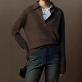 Fongt And Winter Gray Bottom V-Neck Small Collar Wool Sweater Women Loose High-End Knitted Shirt With Long Sleeve Top