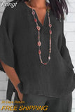 Quarter Sleeve Gray Vintage Office Top Retro Women Summer Solid V Neck Pullover Loose Casual Streetwear Femme Blouse