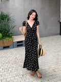 Fongt Xixi 2025 Summer New Korean Version Of High-Waisted Holiday Short-Sleeved Dress V-Neck Print Pure Desire Skirt 88357