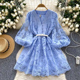 Fongt Sweet Court Style V-Neck Lantern Sleeve Embroidery Collection Thin Single Buckle A Word Elegant Dress Woman