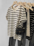 Jacquard Striped T-Shirt Women's Short-Sleeved Summer 2024 New Shoulder Blouse Retro Trend-Outfit