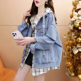Fongt New Autumn Languiled Hooded Blouse Loose Fake Two Hooded Cowboy Coats Spring And Autumn