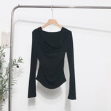 Real Shooting 褶皱 Irregular Swing Long Sleeve T-Shirt Women's Autumn/Winter New Dressed T-Shirt With A Top