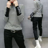 Striped Letter Spliced T-shirt Female Clothing Fashion Patch Designs 2023 Spring Autumn Slim Korean Turtleneck Pullovers-Outfit